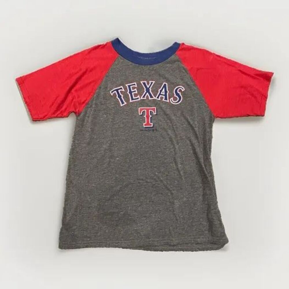 Boys Youth Large (12-14) Texas Rangers Raglan Baseball T-Shirt Gray/Red MLB